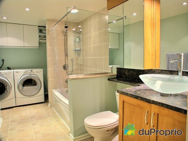 Salle de bain - R&eacute;cemment r&eacute;nov&eacute;e, comprend une toilette double-chasse, vasque, douchette sur rail et grande pharmacie vitr&eacute;e.
