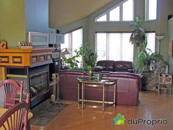 Salon / Salle � manger -  Aire ouverte,toit cath&eacute;drale avec foyer au gaz propane (2007) et belle vue sur le fleuve et la ville du cot&eacute; nord de la maison.