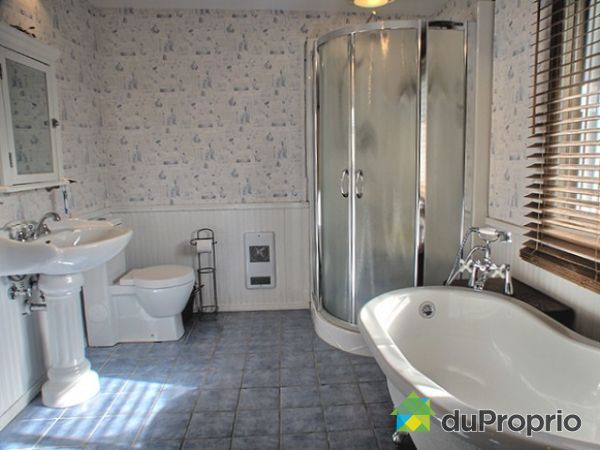Salle de bain - Une nouvelle salle de bain au 2&egrave; &eacute;tage avec une tr&egrave;s grande douche en coin porte en vitre givr&eacute;e et un magnifique bain sur pattes en fonte. Une toilette &eacute;cologique &agrave; 2 boutons et de design zen.