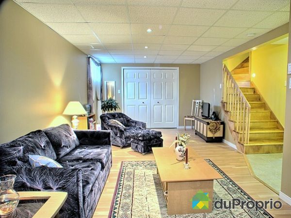 Salle familiale - Bon &eacute;clairage naturel
Aire ouverte
Plancher flottant
Plafond suspendu
&Eacute;clairage halog&egrave;ne
Escalier en merisier avec rampe en &eacute;rable